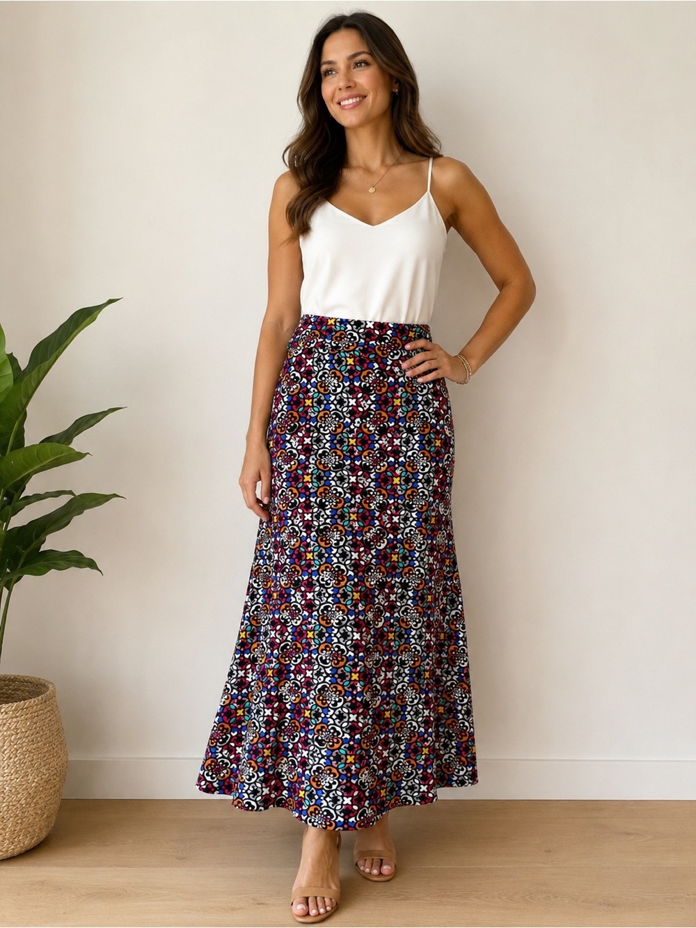 LuLaRoe Maxi Skirt – Large – Multicolor Geometric Floral Print – Stretch Knit